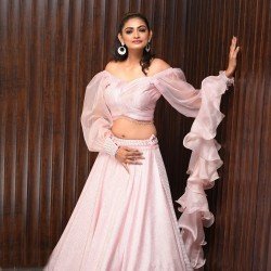 light pink color with organza ruffle dupatta puffy sleeves with hand work